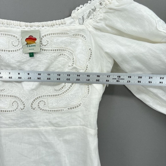 Farm Rio Dress Large White Mini Puff Sleeve Embroidered Linen Cottagecore Boho - Picture 10 of 16